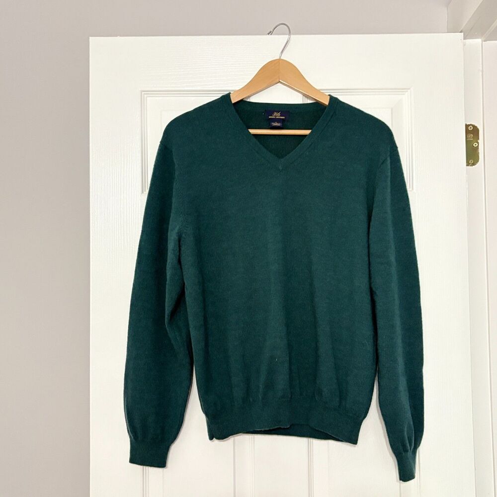 Brooks Brothers 346 Sweater Men's L Green Merino Wool V-Neck Pullover Stretch